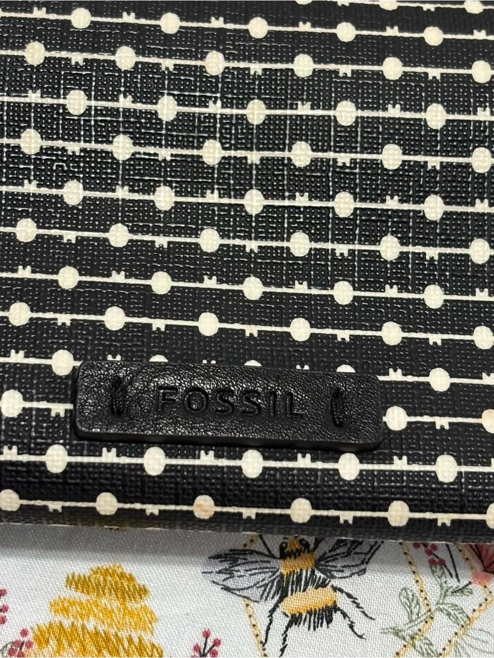 Fossil Black & White Dot-Striped Tote with Brown Leather Handles